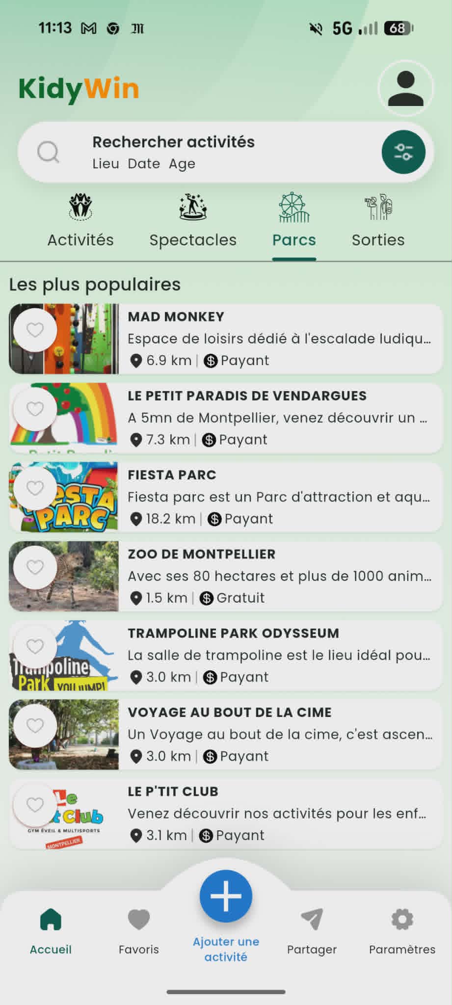 Écran réel de l'application KidyWin présentant les activités populaires autour de Montpellier